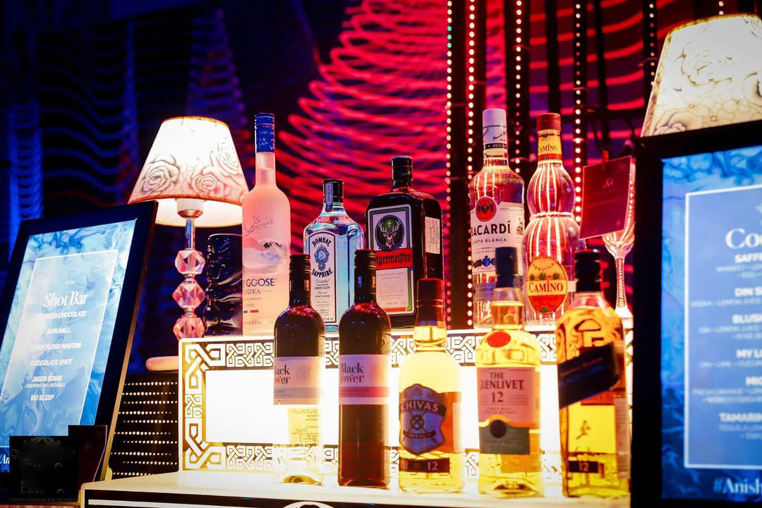 Wedding cocktail night bar setup for destination wedding in Goa
