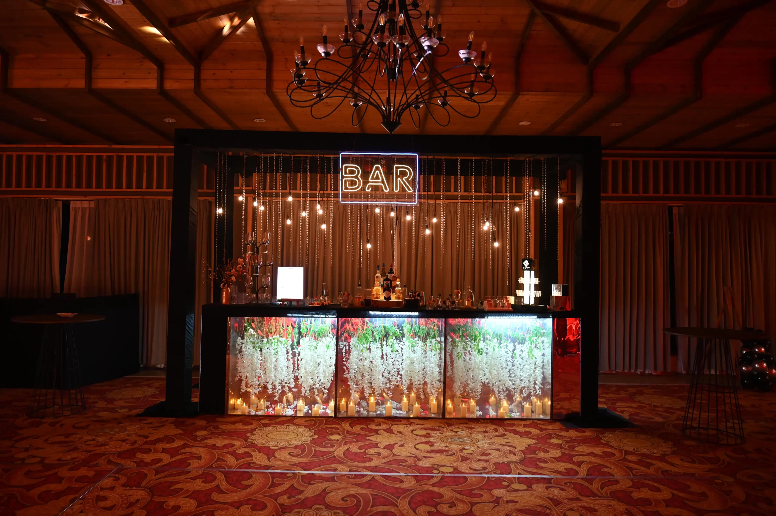 Complete wedding bar setup in Goa with elegant bar counter and glassware